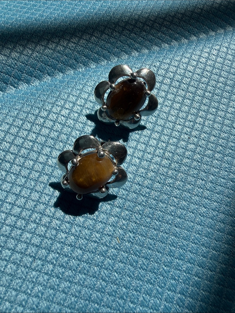 Sterling Silver Floral Tiger's Eye Stud Earrings - Brown